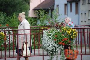 Elderly women walking across a bridge